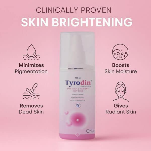 Tyrodin creamy lotion bottle with icons showing pigmentation reduction, dead skin removal, moisture boost, and radiant skin benefits.