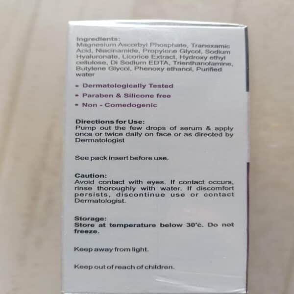 Back side of Tyrodin serum packaging showing ingredients, usage directions, caution, and storage instructions.