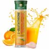 Tube of L-Glutathione effervescent tablets with oranges, orange juice splash, and supplement details like vitamins, zinc, biotin, and hyaluronic acid.