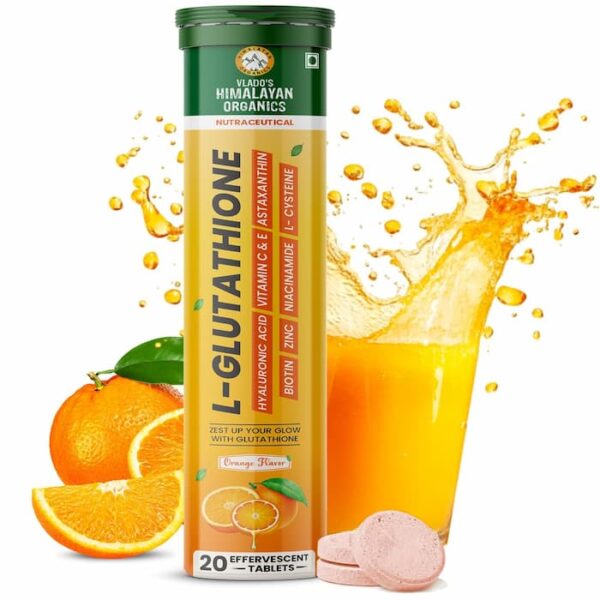 Tube of L-Glutathione effervescent tablets with oranges, orange juice splash, and supplement details like vitamins, zinc, biotin, and hyaluronic acid.