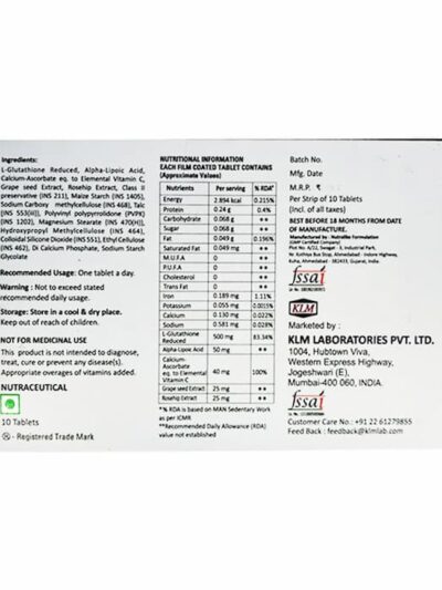 Back panel of Glutaderm Plus tablets box displaying ingredients, nutritional values, usage instructions, and manufacturer details.