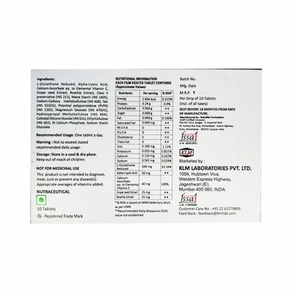 Back panel of Glutaderm Plus tablets box displaying ingredients, nutritional values, usage instructions, and manufacturer details.