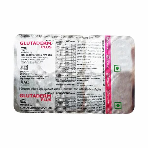 Back side of Glutaderm Plus tablet strip showing nutritional information, branding, and formulation details.