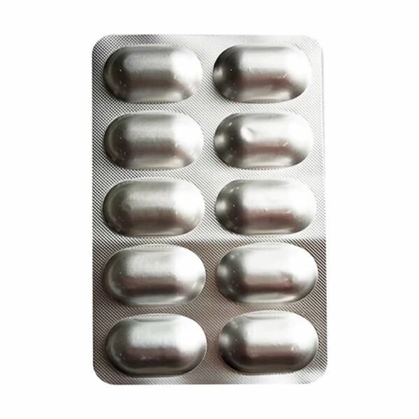 Silver blister strip of Glutaderm Plus tablets containing 10 oval-shaped tablets.