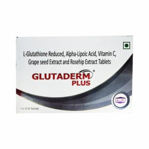 Front view of Glutaderm Plus tablets box showing L-Glutathione, Alpha-Lipoic Acid, Vitamin C, Grape Seed Extract, and Rosehip Extract formulation.