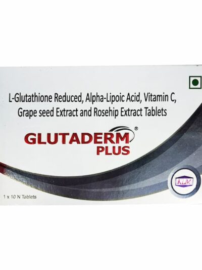 Front view of Glutaderm Plus tablets box showing L-Glutathione, Alpha-Lipoic Acid, Vitamin C, Grape Seed Extract, and Rosehip Extract formulation.