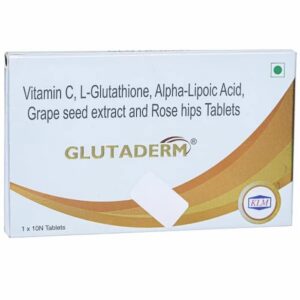 Front view of Glutaderm tablets packaging showing Vitamin C, L-Glutathione, Alpha-Lipoic Acid, Grape Seed Extract, and Rose Hips formulation.