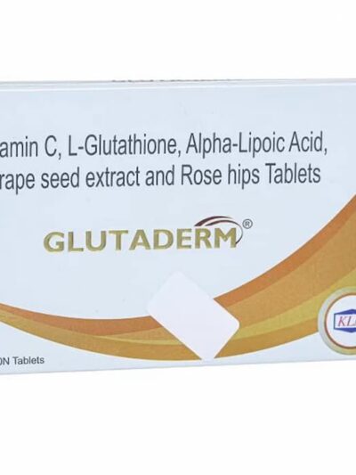 Front view of Glutaderm tablets packaging showing Vitamin C, L-Glutathione, Alpha-Lipoic Acid, Grape Seed Extract, and Rose Hips formulation.