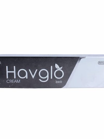 Havglo skin brightening cream 30g box, ingredients label, and tube packaging by Intas.