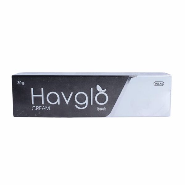 Havglo skin brightening cream 30g box, ingredients label, and tube packaging by Intas.