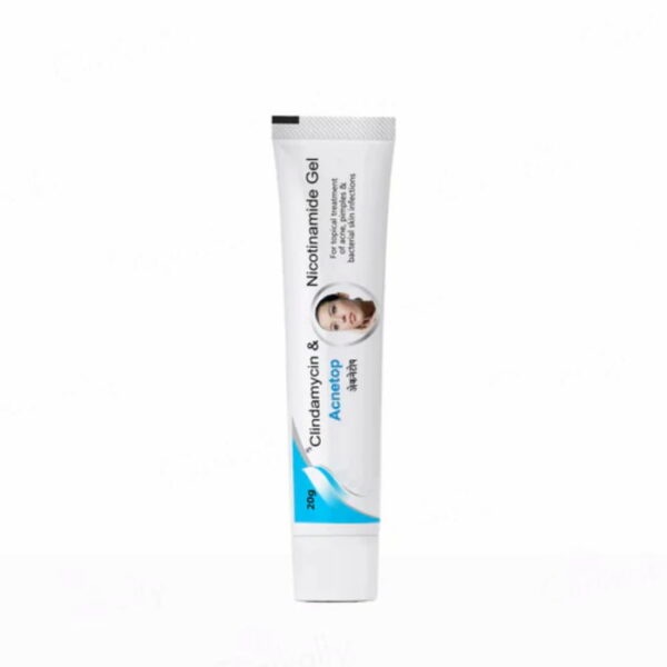 Acnetop clindamycin and nicotinamide gel 20g tube on white background