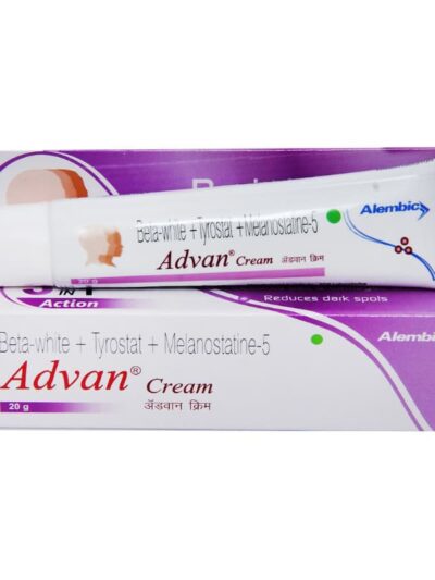 Advan Cream 20gm tube and box packaging in white and purple, showing skin tone care cream branding and ingredients.