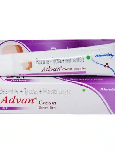 Advan Cream 20gm tube and box packaging in white and purple, showing skin tone care cream branding and ingredients.