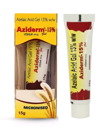 Aziderm 15% gel tube and outer box packaging in yellow and white, showing micronised azelaic acid gel product design and branding.