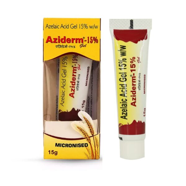 Aziderm 15% gel tube and outer box packaging in yellow and white, showing micronised azelaic acid gel product design and branding.