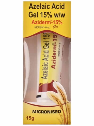 Front packaging of Aziderm 15 percent azelaic acid gel with micronised formula branding