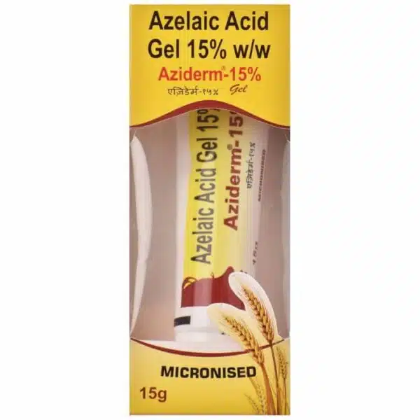 Front packaging of Aziderm 15 percent azelaic acid gel with micronised formula branding
