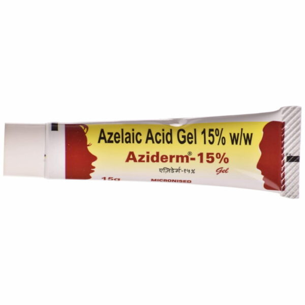 Side view of Aziderm 15 percent azelaic acid gel tube on white background