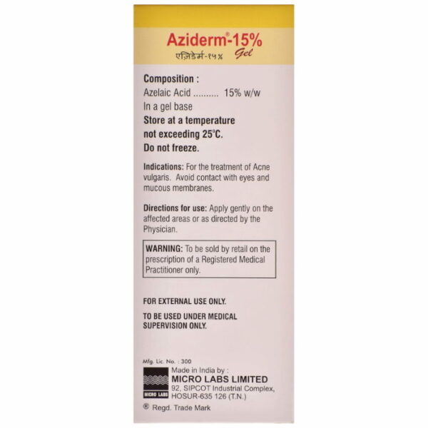 Back panel of Aziderm 15 percent azelaic acid gel showing composition directions and warnings
