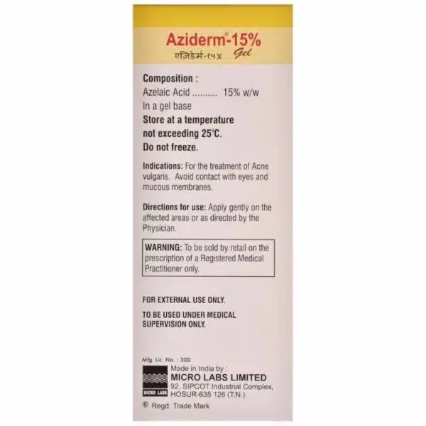 Back panel of Aziderm 15 percent azelaic acid gel showing composition directions and warnings