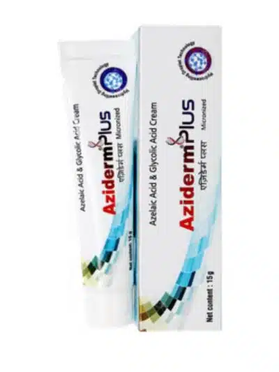 Aziderm Plus cream tube and carton displayed from different angles, featuring white packaging with blue geometric patterns and product details.