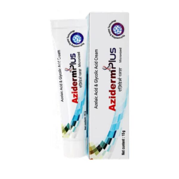 Aziderm Plus cream tube and carton displayed from different angles, featuring white packaging with blue geometric patterns and product details.