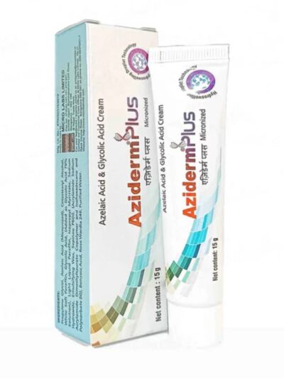 Aziderm Plus cream tube with outer box packaging in white and blue design, showing skincare cream branding and product label.