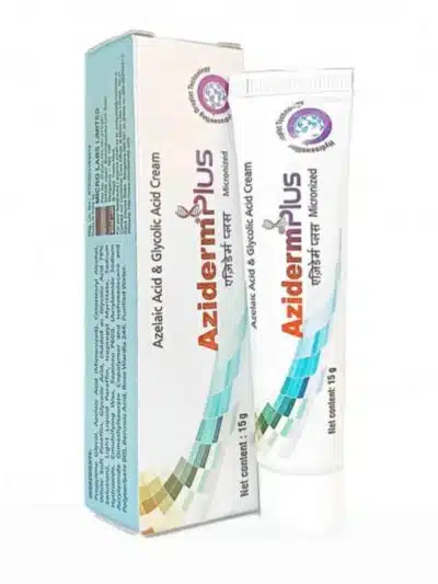 Aziderm Plus cream tube with outer box packaging in white and blue design, showing skincare cream branding and product label.