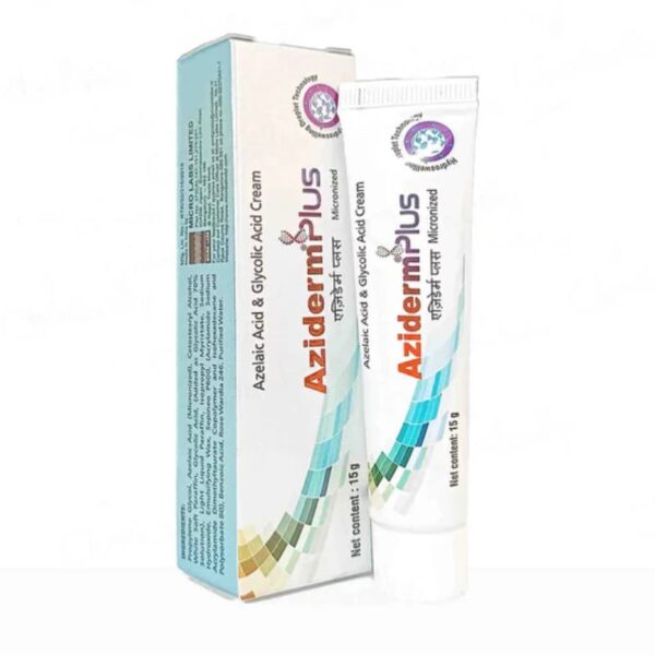 Aziderm Plus cream tube with outer box packaging in white and blue design, showing skincare cream branding and product label.