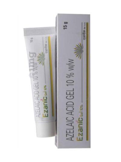 Ezanic Gel 10% tube and outer box packaging in white and grey design, showing azelaic acid gel branding and product label details.