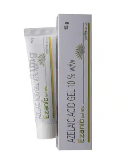 Ezanic Gel 10% tube and outer box packaging in white and grey design, showing azelaic acid gel branding and product label details.