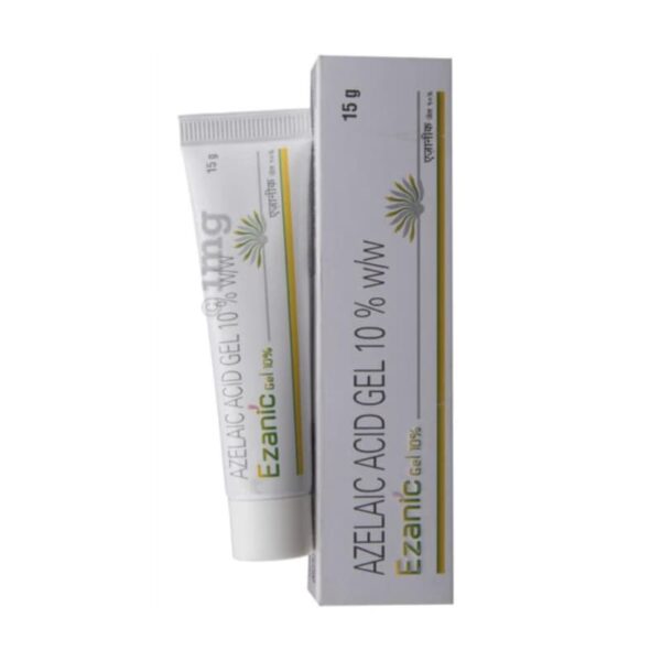 Ezanic Gel 10% tube and outer box packaging in white and grey design, showing azelaic acid gel branding and product label details.
