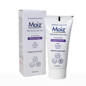 Moiz daily moisturizing cream packaging with tube and box for face and body