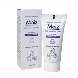 Moiz daily moisturizing cream packaging with tube and box for face and body