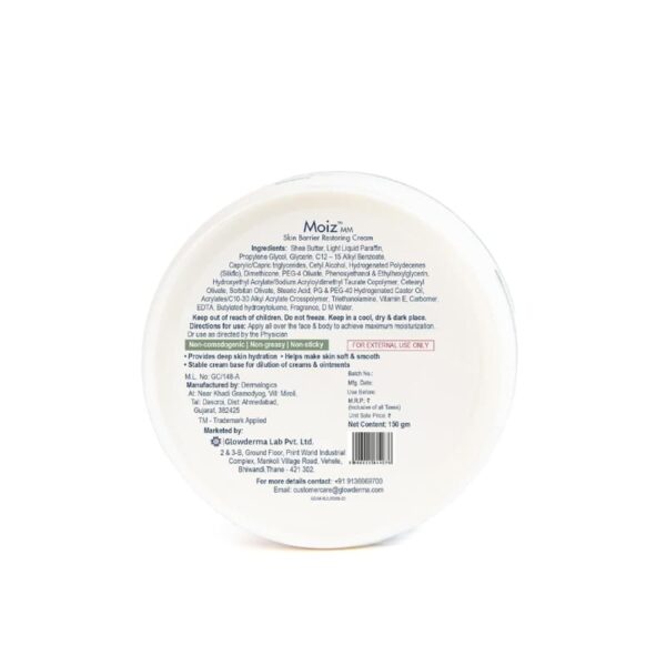 Back label of Moiz MM skin barrier restoring cream showing ingredients and directions