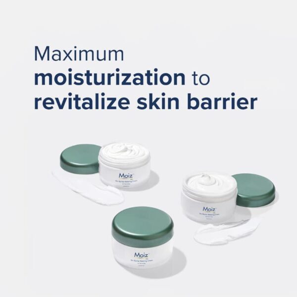 Moiz MM skin barrier cream jars with rich texture highlighting deep moisturization benefits