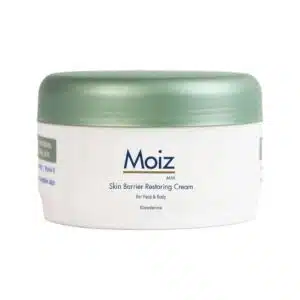Moiz MM skin barrier restoring cream jar with green lid for face and body use
