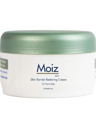 Moiz MM skin barrier restoring cream jar with green lid for face and body use