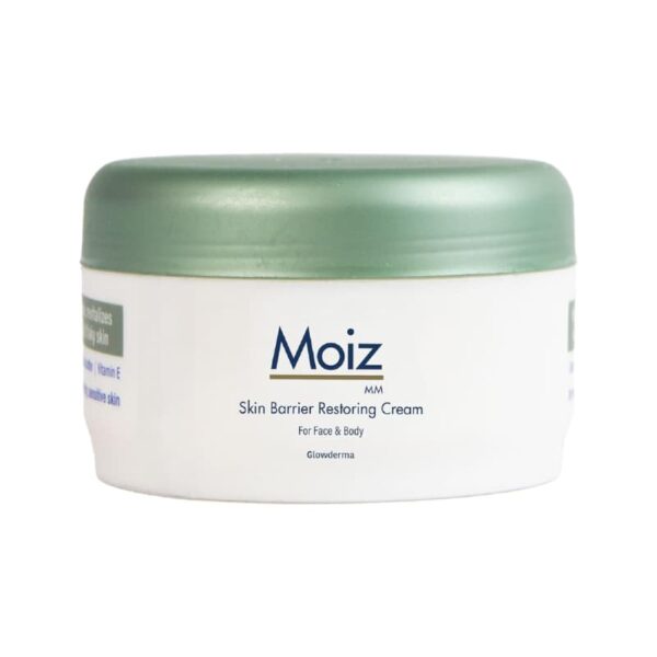 Moiz MM skin barrier restoring cream jar with green lid for face and body use