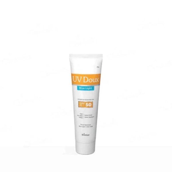 UV Doux Blue Light SPF 50 PA++++ anhydrous sunscreen gel tube for all skin types on white background