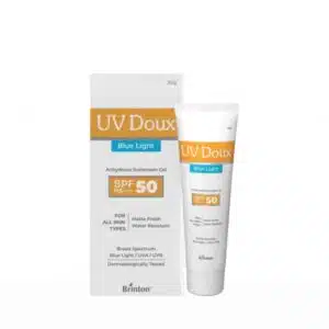 UV Doux Blue Light SPF 50 PA++++ sunscreen gel tube displayed with outer packaging on white background