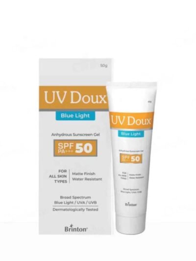 UV Doux Blue Light SPF 50 PA++++ sunscreen gel tube displayed with outer packaging on white background