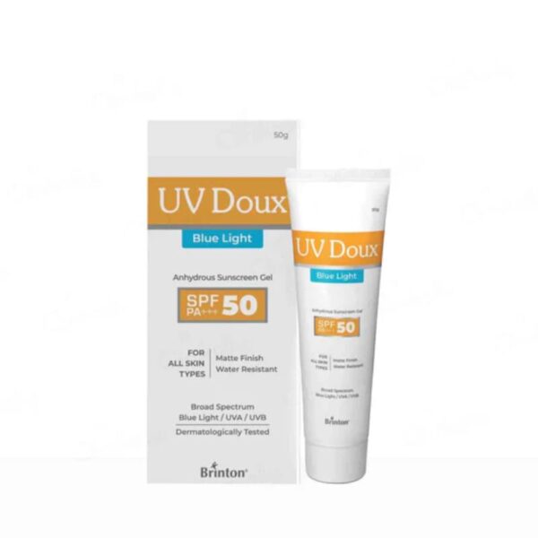 UV Doux Blue Light SPF 50 PA++++ sunscreen gel tube displayed with outer packaging on white background