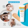 UV Doux Blue Light sunscreen infographic showing oil free matte finish sweat water resistance and better spreadability
