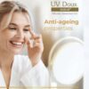 Model applying UV Doux Gold silicone sunscreen highlighting anti-ageing benefits