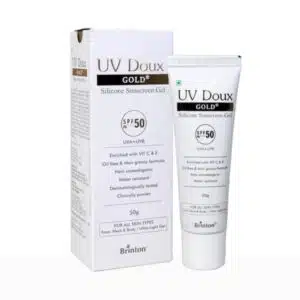 UV Doux Gold SPF 50 silicone sunscreen gel tube with outer box packaging