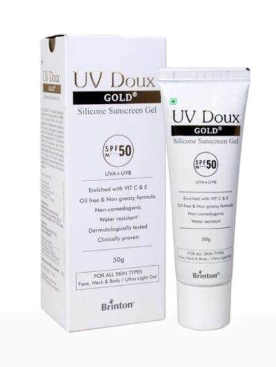 UV Doux Gold SPF 50 silicone sunscreen gel tube with outer box packaging