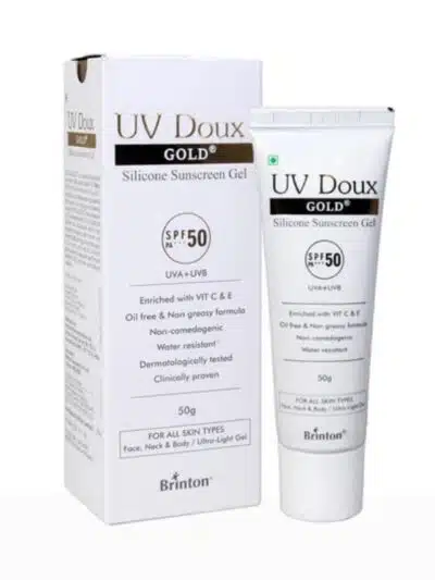 UV Doux Gold SPF 50 silicone sunscreen gel tube with outer box packaging
