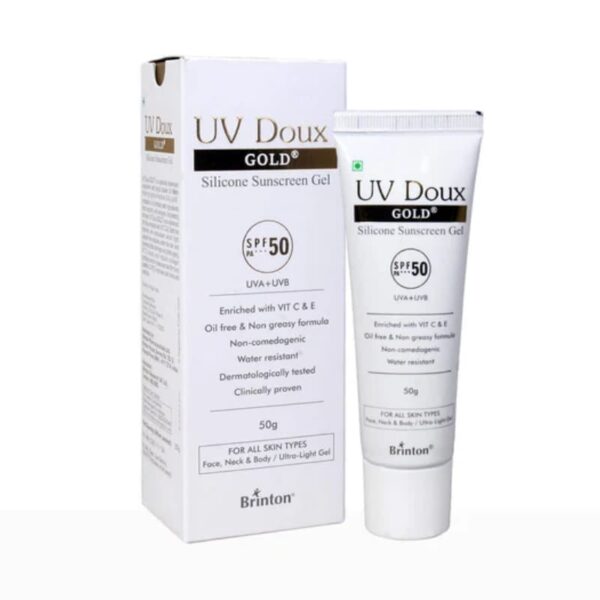 UV Doux Gold SPF 50 silicone sunscreen gel tube with outer box packaging