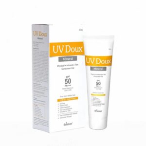 UV Doux Mineral SPF 50 tinted sunscreen with outer box and tube packaging display
